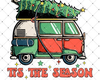 Retro Christmas PNG For Sublimation Christmas Tree On Hippie Van Png Happy Xmas Holiday Sublimation, Tis The Season Png, Christmas Tree png