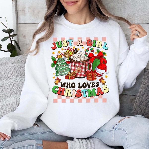 Just A Girl Who Loves Christmas Sweatshirt, Retro Christmas Tree Cake Hot Chocolate Holiday Groovy Xmas For Christmas Lover,Women Sweatshirt