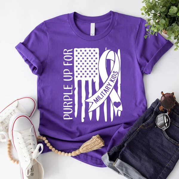 Purple Up For Military Child Shirt, US Flag Purple Up Military Kids Tshirts, Month Of the Military Awareness Shirt For Kids, Ribbon Shirt