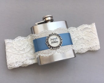 Ivory Wedding Garter with Flask, Antique Blue Bridal Garter, Flask Garter, Something Blue Garter, Personalized FLASK GARTER - Gift for Bride