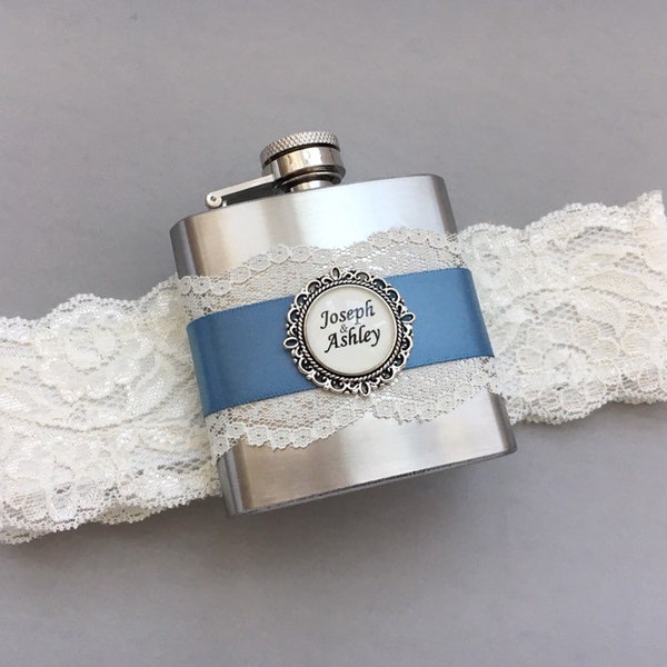 Ivory Wedding Garter with Flask, Antique Blue Bridal Garter, Flask Garter, Something Blue Garter, Personalized FLASK GARTER - Gift for Bride