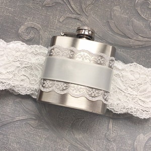 FLASK GARTER, Soft White Lace Garter with Flask, Bridal Garter, Wedding Garter / Bridesmaid Gift / Bachelorette Bridal Shower Gift