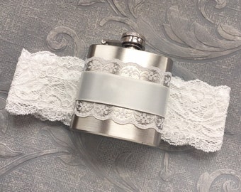 FLASK GARTER, Soft White Lace Garter with Flask, Bridal Garter, Wedding Garter / Bridesmaid Gift / Bachelorette Bridal Shower Gift