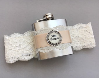 Wedding GARTER FLASK, Bridal Garter in Ivory & Champagne, Custom Flask Garter, Personalized Bridal Shower, Bachelorette or Bridesmaids Gift