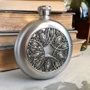FLASK, Round Flask - Stainless Steel Flask with Antique Silver Design, 5oz Hip Flask, Bridesmaids Flask - Gift for Women, Bridesmaids, Bride