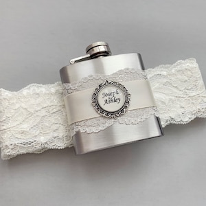 Ivory Flask Garter, Personalized Flask with Bridal Garter, Custom Wedding Garter, Ivory Lace Garter, Ivory Wedding Garter with Hip Flask