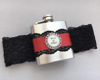 FLASK GARTER, Wedding Garter with Personalized Flask, Black & Scarlet Red, Custom Flask with Bridal Garter, Wedding Garter, Lace Garter