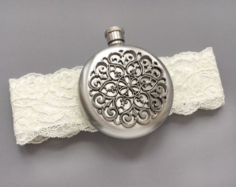 Round Flask Garter, Garter Flask, Ivory Lace Garter, Round Flask Garter, Gift for Bride, Garters, Bridal Garter, Wedding Garter with Flask