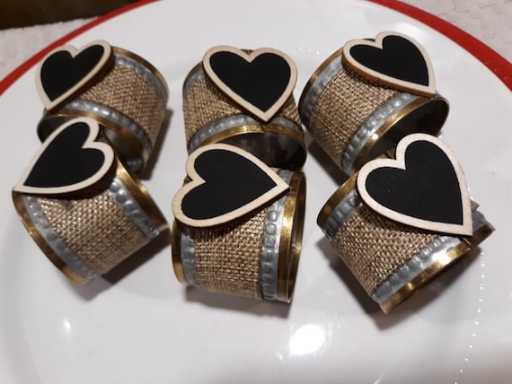 Napkin Rings Set of (6) Valentine, Burlap, Hearts, Galvanized