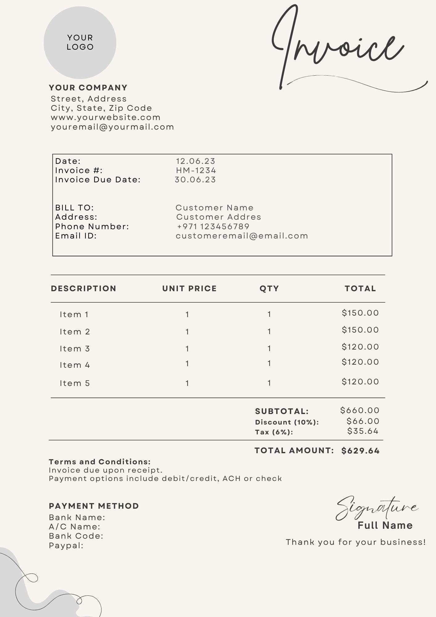 Editable Aesthetic Invoice Template, Professional Invoice, Invoice Form, Customizable Invoice, Invoice for Customer, Invoice Template