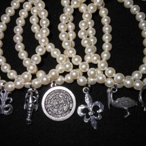 Six Glass Pearl Wedding Cake Pulls with New Orleans and Traditional charms