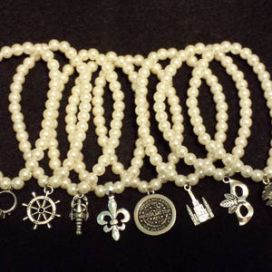 Eight Glass Pearl Wedding Cake Pulls with New Orleans and Traditional charms