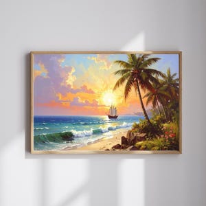 Sunset Beach Painting Print, Tropical Beach Painting, Beach House Decor, Summer Poster, Printable Wall Art