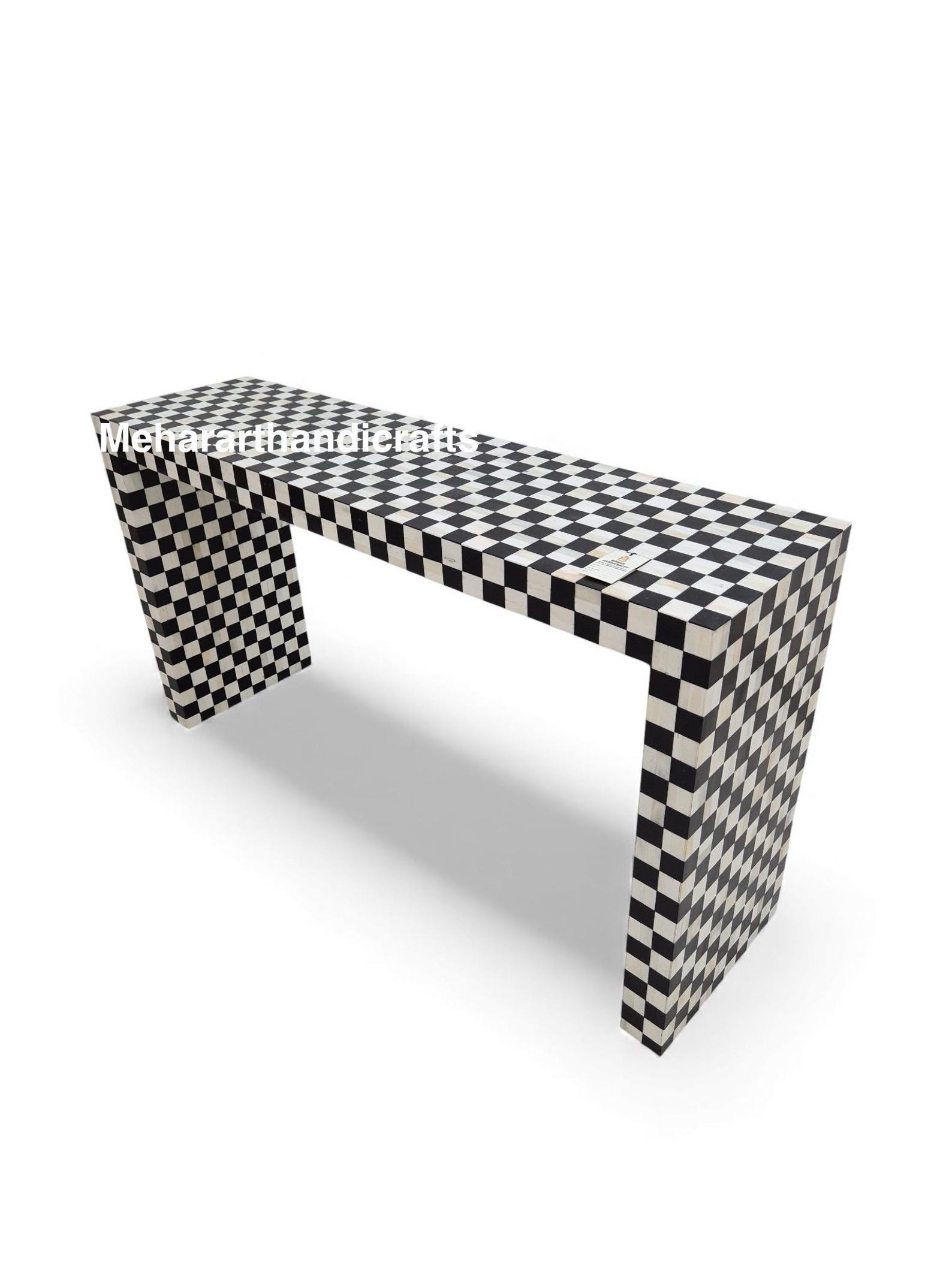Handmade Black Checkered Bone Inlay Console Table, Geometric Entryway ...