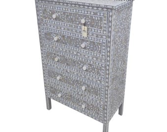 Mother of Pearl Inlay Chest of Drawers - Handmade Floral Tallboy Dresser, Grey MOP Cabinet