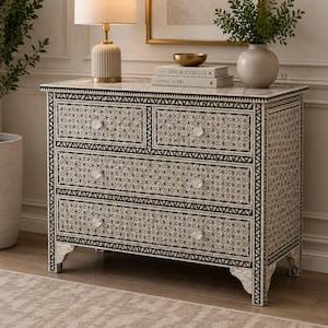 Mother of Pearl Inlay Chest of Drawers, Geometric Starburst 4 Drawer Dresser, Black Mosaic Storage Credenza, Entryway Accent Cabinet