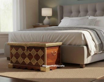 Handmade  Wooden Trunk Box | Brass Embossed Storage Chest for Home decor