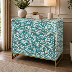 Handmade Turquoise Bone Inlay Chest of Drawers, Floral Pattern Credenza - 3 Drawer Chest