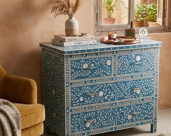 Handcrafted Floral Mother of Pearl Inlay Chest of Drawers | Blue Cabinet- Luxury Storage Dresser