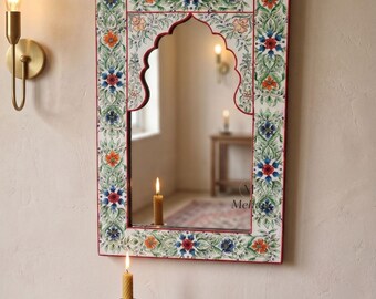 Hand Painted Floral Arch Mirror, Wooden Jharokha Wall Art, Colorful Indian Decor