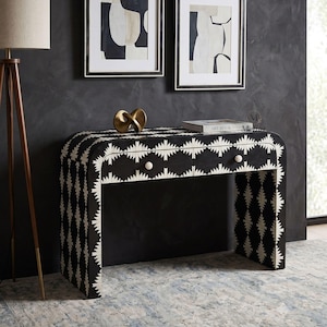 Handcrafted Black Bone Inlay Console Table, U-Shape Geometric Chevron Entryway Desk