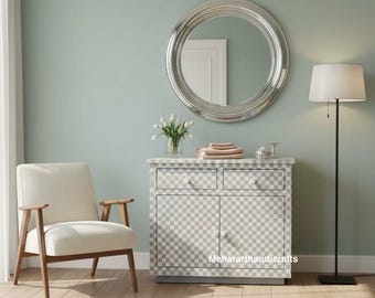 Mother of Pearl Inlay Checkered Cabinet | Handmade Storage Sideboard | Grey Inlay Chest