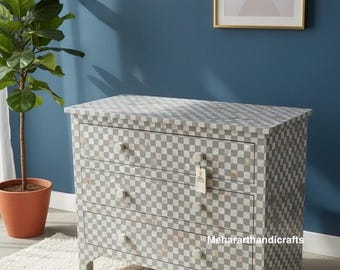Mother of Pearl Inlay Checkered Chest of Drawers – Handmade Storage Cabinet
