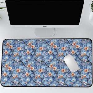 Blue Desk Mat, Flowers pattern, Chinoiserie Mat, Blue Office Mat, mats for desk, desk accessories, desk pad, organization, blue mousepad