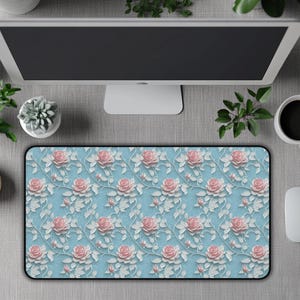 Roses desk mat, blue Desk Mat Mouse Pad, cute Desk Mat, office Mat, vintage Desk Mat, lace pattern style, mouse pad