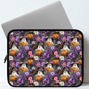 Ghost Laptop Sleeve, Dark Cottagecore Bag Protection, Spooky Ghosts, Laptop organization, Halloween Floral aesthetic, Black Floral Case