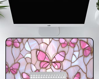 pink Desk Mat, aesthetic Butterflies Mat, Pink Office Mat, Glass Effect Mat, desk organization, Computer Mat Girly Pink Desk accessories