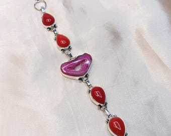 Druzy Agate Geode Slice Bracelet: Handmade Silver Plated Boho Jewelry