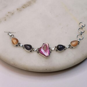 Handmade Druzy Agate Slice Bracelet: Silver-Plated Pink Gemstone Jewelry
