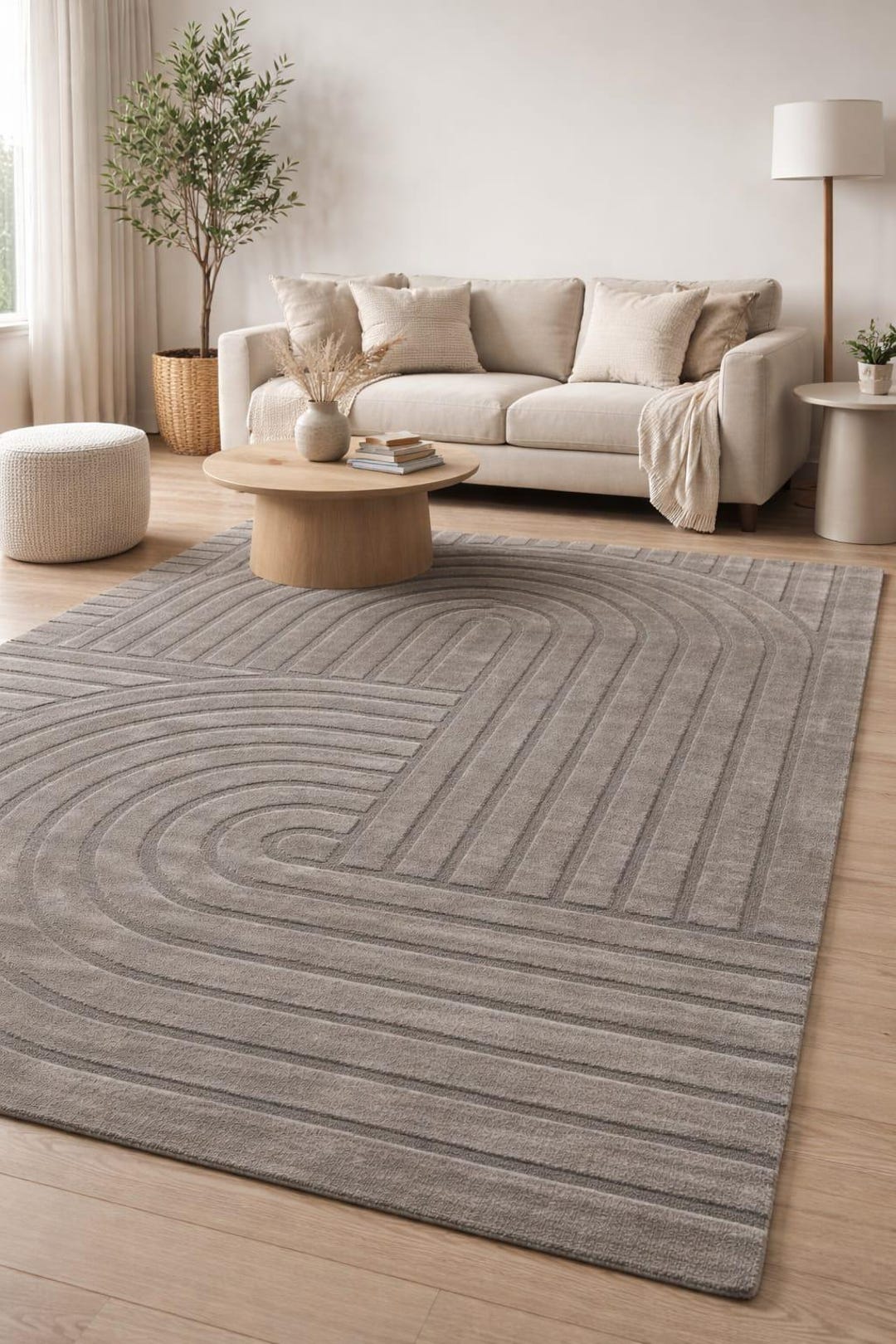 Hand Tufted Neutral Geometric Arch Rug – Modern Minimalist Textured ...