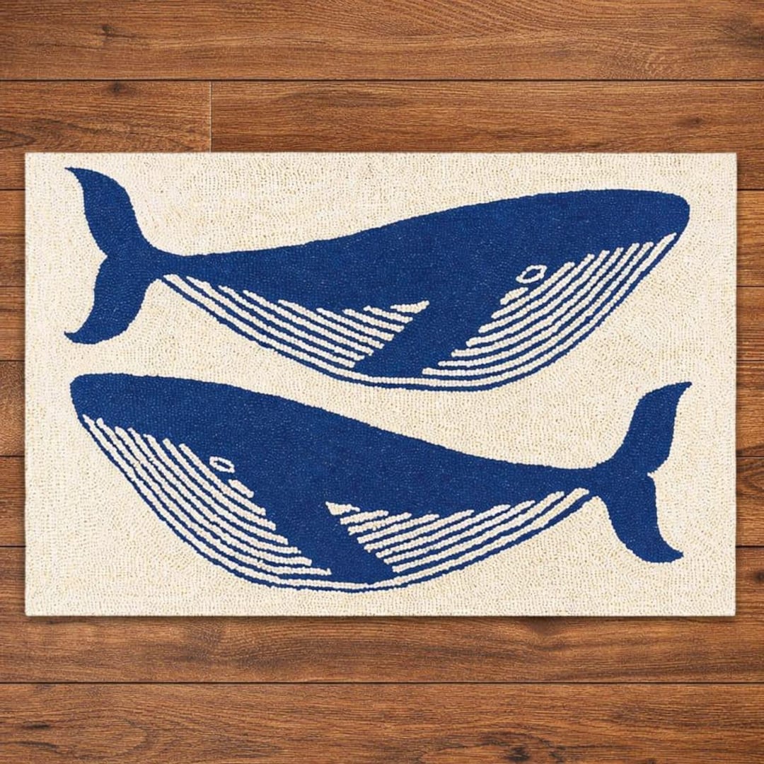 Hand Tufted Loop Whale Rug – Blue Nautical Ocean Area Rug – Coastal ...