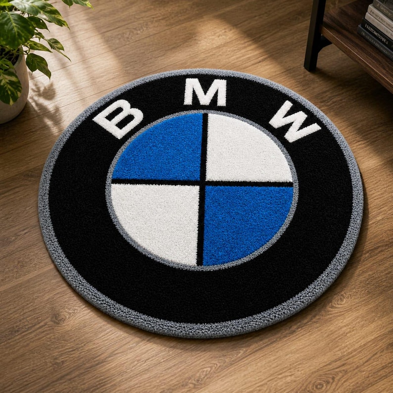 Hand Tufted BMW Logo Rug Round Black Blue White Car Inspired Area Rug ...