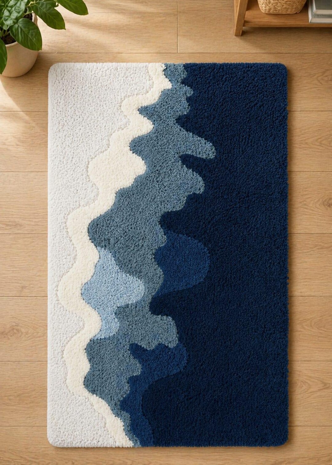 Hand Tufted Abstract Blue Rug Navy White Wave Pattern Modern Area Rug ...