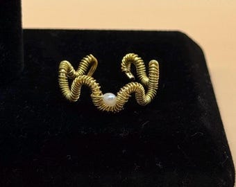 Handmade Wire Wrapped Freshwater Pearl Ring, Adjustable Cuff