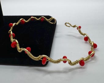 Handmade wire wrapped red beaded cuff bracelet