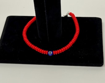 Evil Eye bracelet- Red beaded, handmade, silver chain
