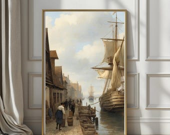 Old Harbour Dock Scene | Vintage Maritime Fine Art Print, Historic European Port Painting, Coastal Heritage Wall Art, Nautical Study Decor