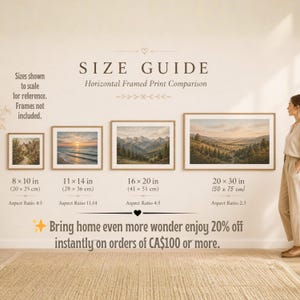 May include: A size guide for horizontal framed prints displaying four landscape images in sizes 8x10 inches, 11x14 inches, 16x20 inches, and 20x30 inches. The text reads SIZE GUIDE, Horizontal Framed Print Comparison, and includes aspect ratios.