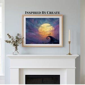 May include: A framed wall art print titled INSPIRED BY CREATE featuring a painted scene of two figures standing on a spiral hill under a large yellow moon against a purple and blue starry night sky, displayed above a white fireplace mantel.