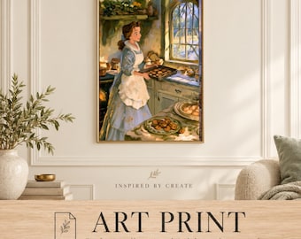 Belle Baking Cookies Kitchen Art Print | Warm Home Scene | Whimsical Wall Art | Baking Poster