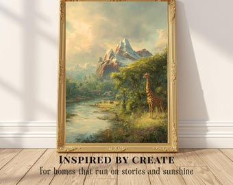 Djurriket-inspirerad landskapskonst, äventyrsdekor, giraffflodscen, fantasy-temapark, naturväggkonst