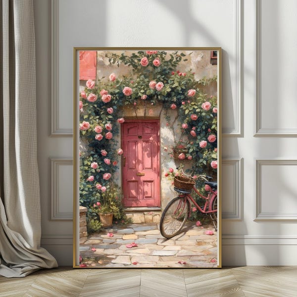 Porta di un cottage con rose rosa calde, romantico quadro floreale da parete, dipinto vintage di un giardino con biciclette, arredamento cottagecore inglese, arte estetica soft girl