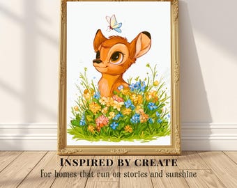A Curious Heart | Baby Deer in Wildflowers Print, Woodland Nursery Wall Art, Minimalist Forest Animal Decor, Nature Baby Gift