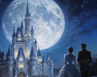 Midnight Castle Art Print – Romantic Fairytale Kingdom Under a Full Moon, Princess Castle Wall Art, Storybook Fantasy Decor