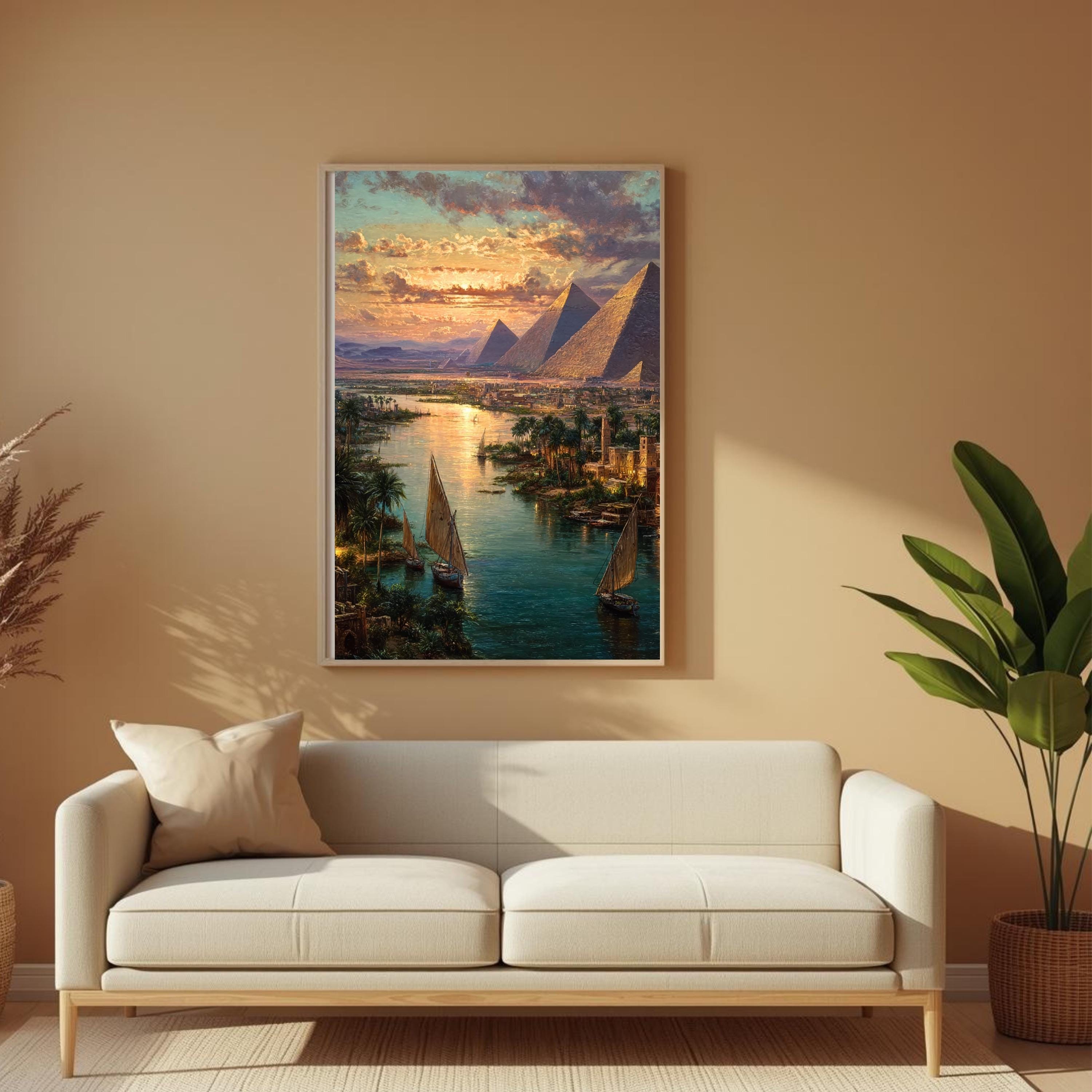 Pyramids of Giza Wall Art – Ancient Egypt Nile River Landscape Painting ...