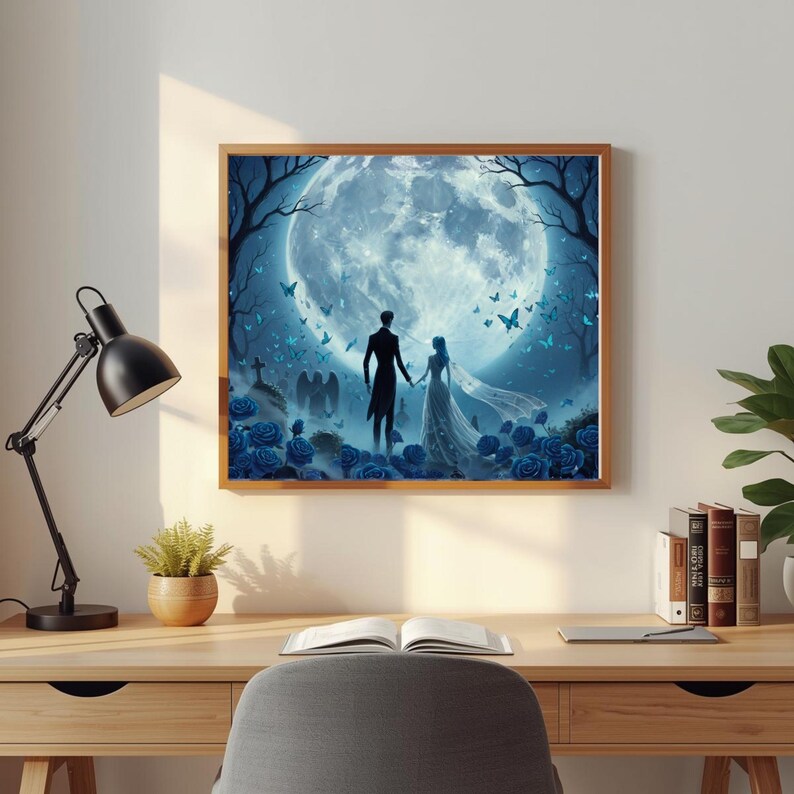 May include: A framed print depicts a couple holding hands in a moonlit graveyard. The artwork features a large, glowing moon, blue roses, and butterflies. The couple is silhouetted against the moon, with a gothic, romantic theme.